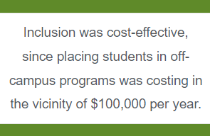 Inclusion was cost-effective, since placing students in off-campus programs was costing in the vicinity of $100,000 per year.